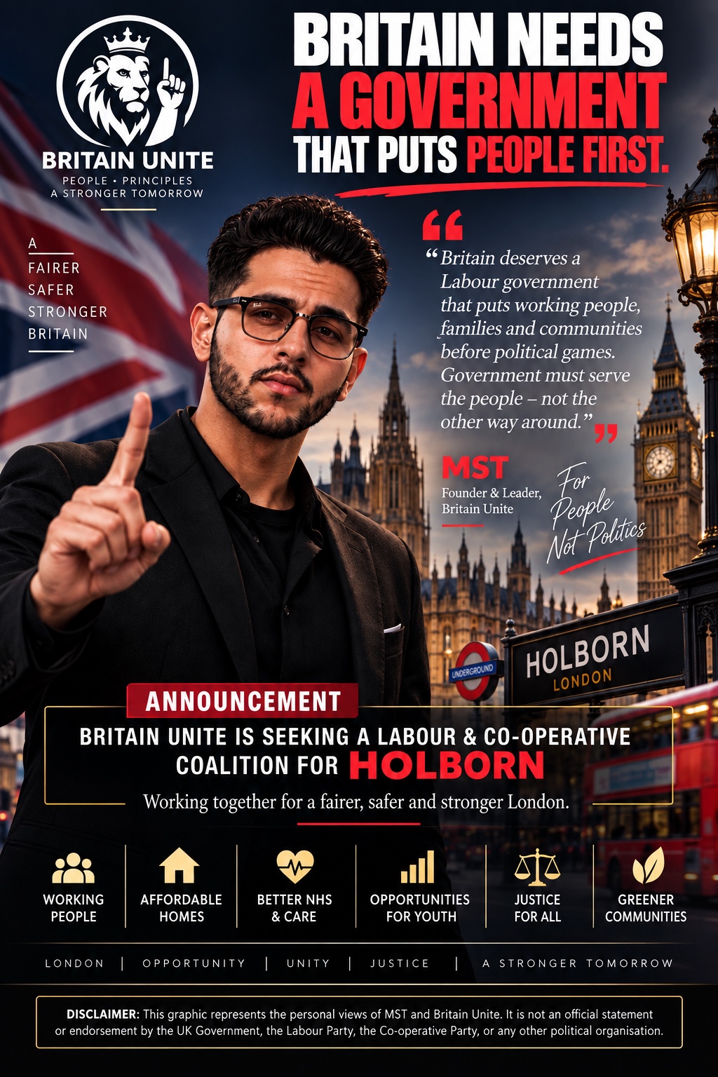 Britain Unite founder avatar with lion, rose and dove imagery