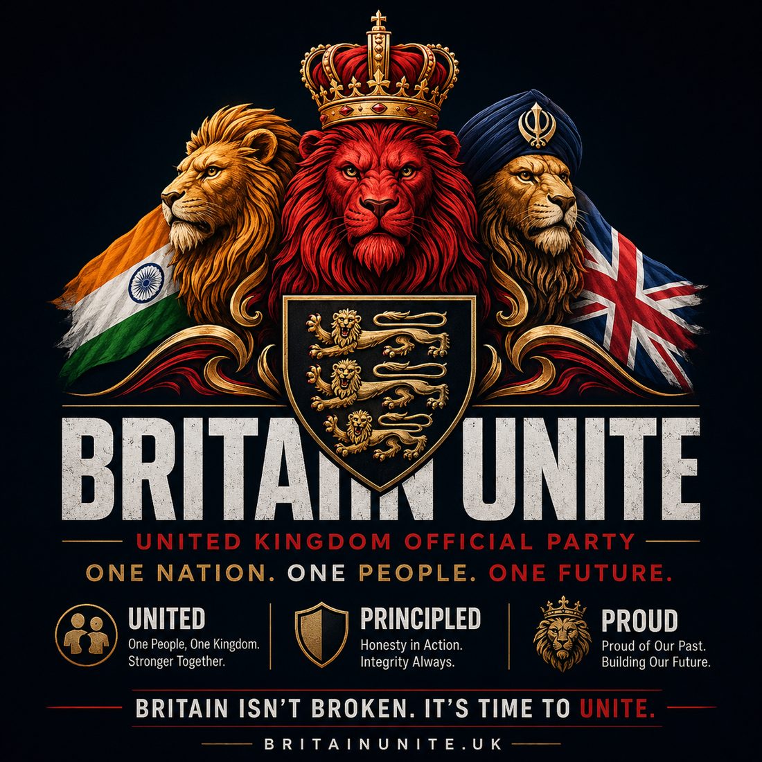 Britain Unite emblem: three lions representing Britain's united communities beneath the Crown