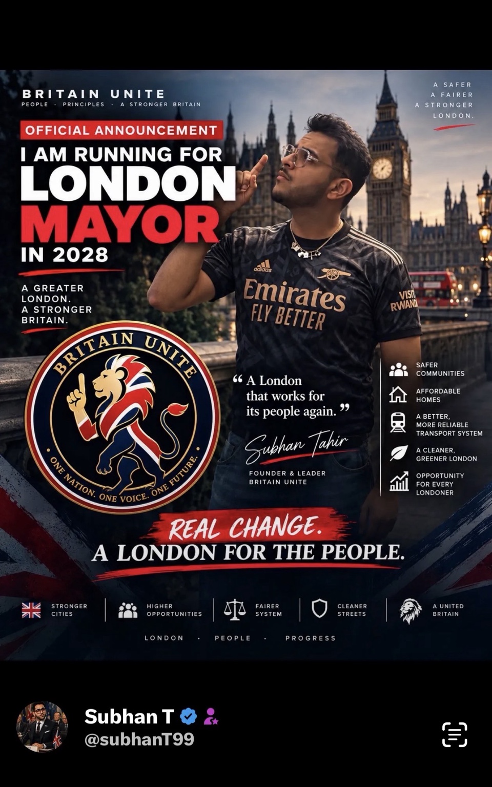 Britain Unite London Mayor 2028 campaign announcement featuring Subhan Tahir in London